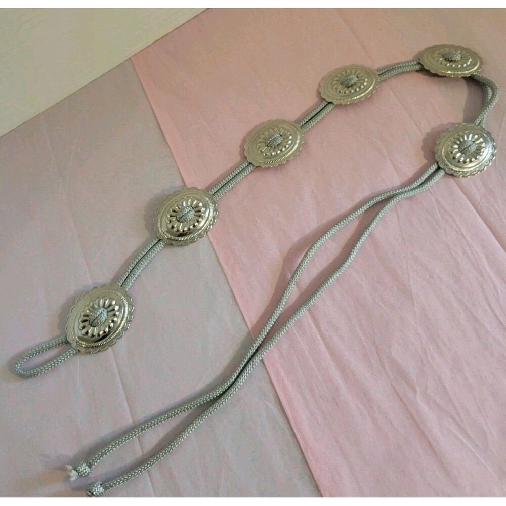 Silver Tone Concho Belt Western Style Braided Cord Adjustable 34"